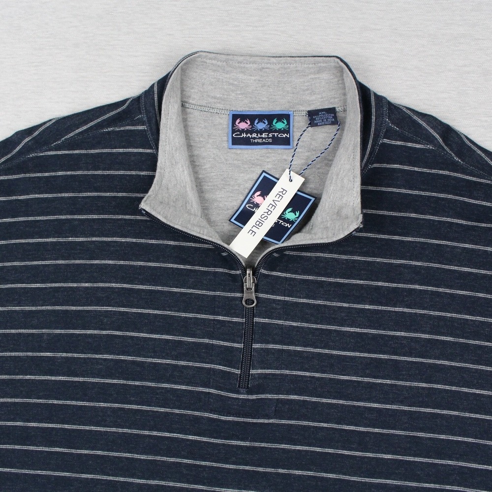 Charleston Threads 1/4 Zip Pullover Mens XXL Blue Striped/Gray Reversible NEW